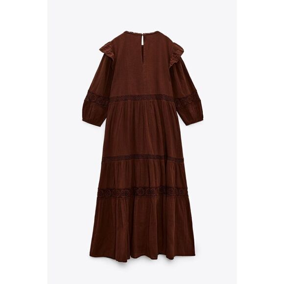 Zara Openwork Cotton Embroidered Brown Dress New - Picture 7 of 8
